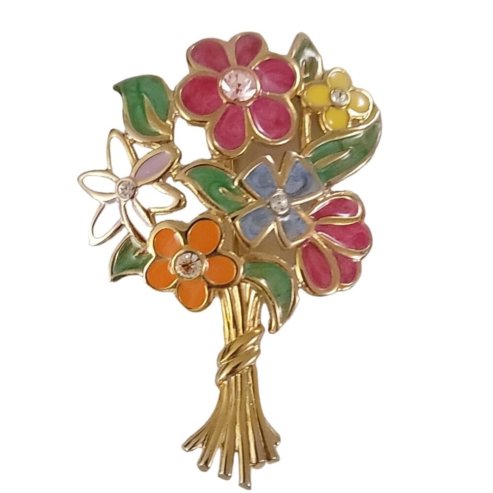 Roland Gold Tone Pink Blue Purple Enamel Clear Rhinestone Flower Brooch, K479